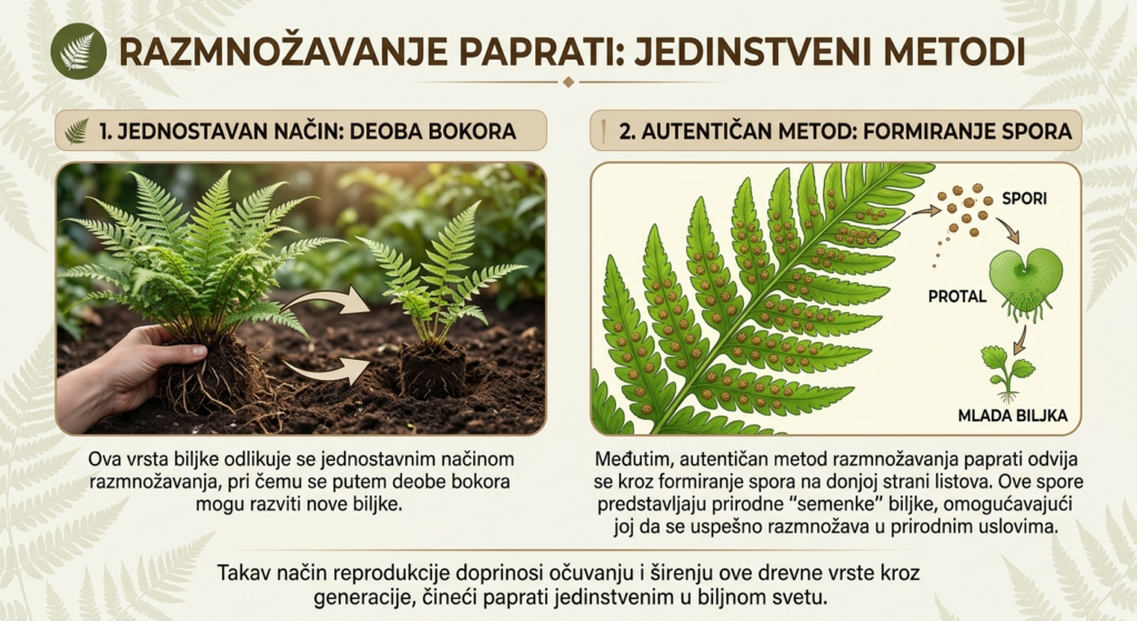 Infografika: razmnožavanje paprati deobom bokora i formiranjem spora na listovima